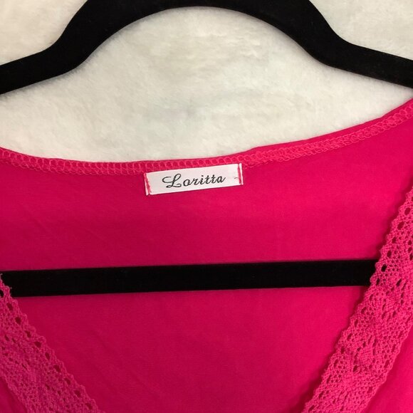 Hot Pink Women Plus Size Short Kaftan Laritta Lace Trim V-Neckline Loose Fit - Picture 3 of 7